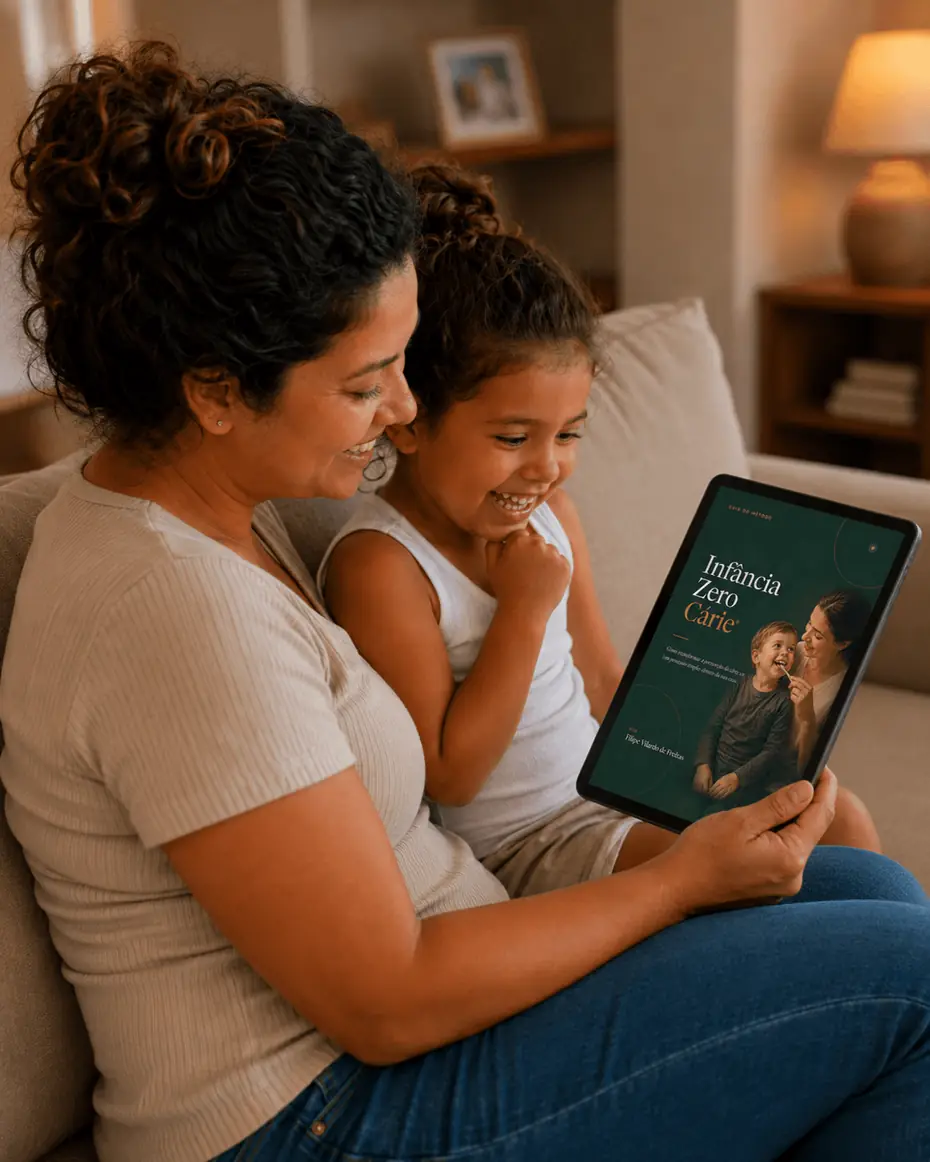 Mãe e filha lendo o guia do método Infância Zero Cárie em tablet